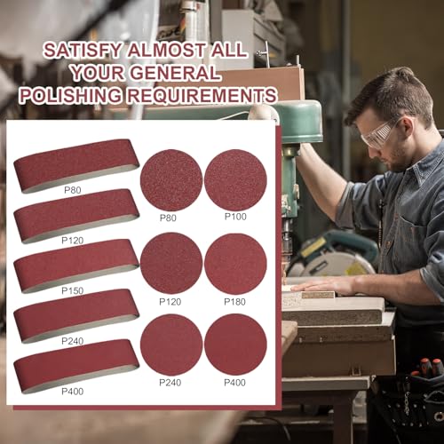 Image of Blulu 66 Pieces Sanding Belts and Sanding Discs Set Includes 4 x 36 Inch Belts (80 /120 /150 /240 /400 Grits) and 6 Inch Self Adhesive No Hole Alumina Disc for Bench Combination Sander Woodworking