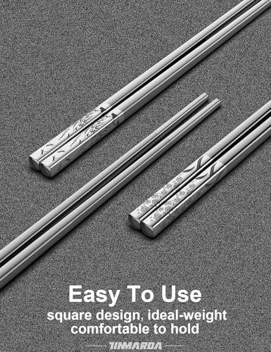 Image of Metal Chopsticks Reusable 18 /8 Stainless Steel Sleek Engraving Patterns Chop Sticks Reusable Dishwasher Safe Non-Slip Chopsticks+Flower Silver 5 Pairs