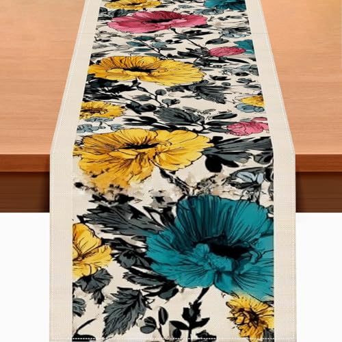 HOMETITUTE Vintage Table Runner Floral Decor 13 x 72 Inch Burlap