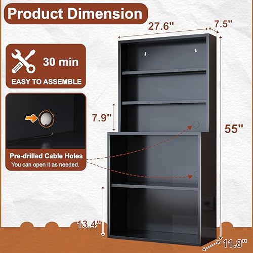 Image of Media Storage Cabinet, Heavy-Duty Metal Record Player Stand with Open Display Shelves for LPs, CDs, Books & Audio Equipment, Modern DVD Shelf Organizer for Living Room, Home Office, Black