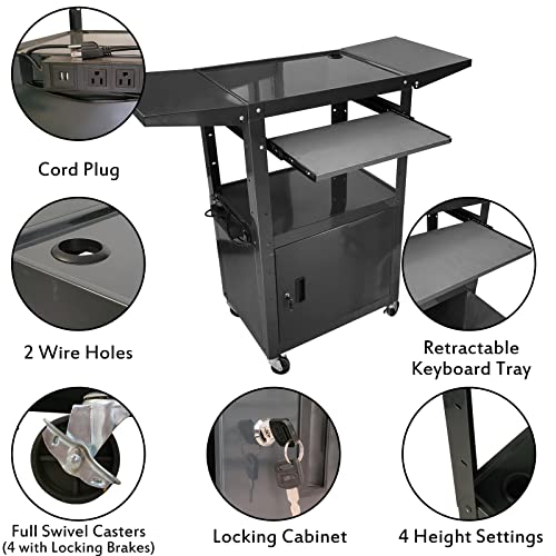 Av Cart With Locking Cabinet And Keyboard Tray Height Adjustable Utility Cart With Extra Storage,Computer Cart With Wheels And Power Strip For Presentations Office Holds 300 Lbs(Black/43”X18”X43”) #TOP3