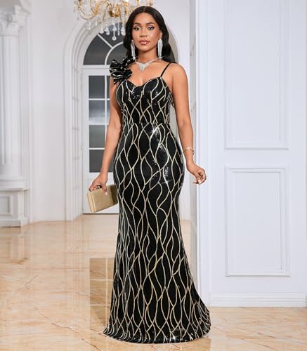 Image of Cololura Women Sexy Elegant Sequin High Split Ruffled Hem Mermaid Party Cocktail Bodycon Formal Evening Gowns Maxi Dress