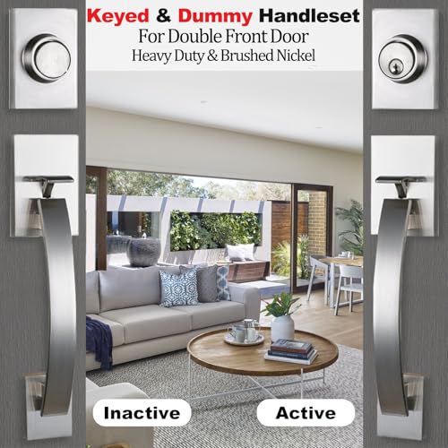 Image of NEWBANG Silver Double Doors Handle Lock Set for Front & Entry Door - Satin Nickel Finish,MDHST2017SN-SET-BR