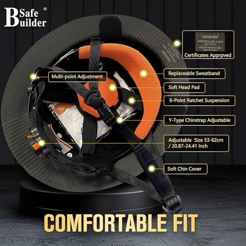 SAFEBUILDER Carbon Fiber Full Brim Hard Hats Made of Carbon Fiber Safety Helmet 6-Point Suspension ANSI Certified for Construction, Industrial, Outdoor Work (Carbon Fiber Hard Hats-A Black)