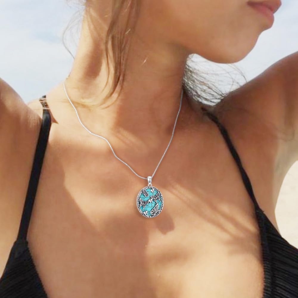 Genuine Turquoise Butterfly Necklace, Sterling Silver Native American Vintage Pendant Western Jewelry Birthdays Gift for Women - Image 4