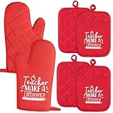 GROBRO7 6Pcs Cotton Oven Mitts Pot Holders Teacher Appreciation Week Gift for Women Men Teacher Make a Difference Pocket Potholder Baking Gloves Thank You Teachers Gifts for Back to School Graduation