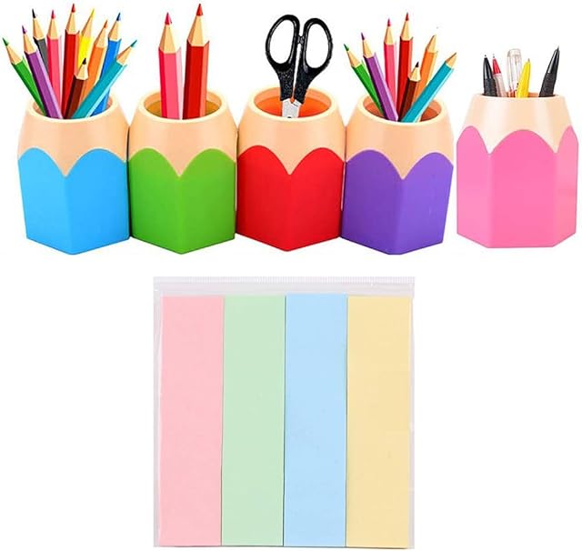Lifreer 5 Pack Lovely Pencil Tip Design Pencil Pot Set Desk Organiser Stationery Storage Home Office Desk Tidy Organisers + 400 PCS Colorful Mini Sticky Notes Category Label