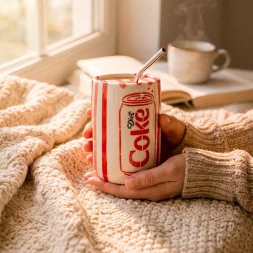Image of OCEAN STORE Handmade Ceramic Diet Coke Can Fizz Sipper Mug with Stainless Steel Straw, 500 ml, Microwave & Dishwasher Safe (Set of 2)