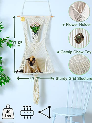 Karceey Macrame Cat Hammock,Macrame Hanging Cat Bed With Flower Holder,Macrame Cat Shelf With Catnip Chew Toy And Hanging Kit #TOP4