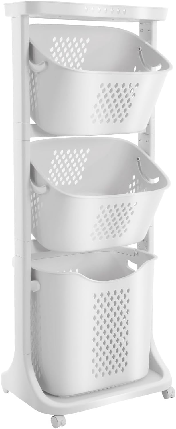 Rolling Laundry Hamper Cart With Wheels, 3 Tier White Laundry Baskets Clothes Hamper With Portable Storage Baskets Stackable Laundry Basket System Laundry Rooms 17x13x43in