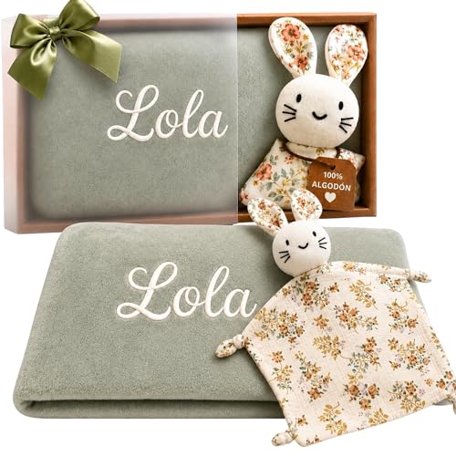 Dalvitas Manta Bebé Personalizada Bordada con Nombre + Doudou 100% Algodón - Pack Regalo Recién Nacido Niño Niña - Set Canastilla Extrasuave y Ligera para Entretiempo