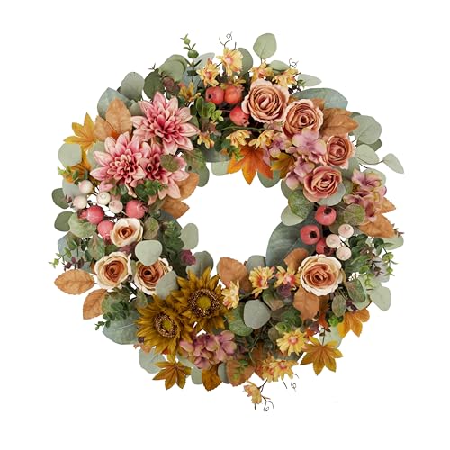 24" Fall Wreath for Front Door, Handmade with Faux Dahlia