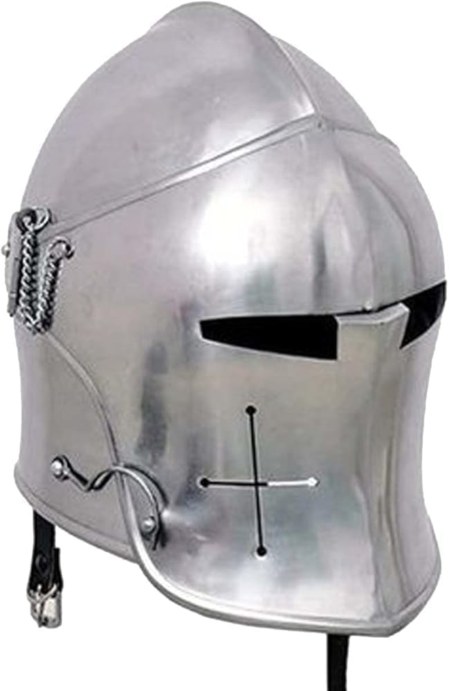 Medieval Knight Helmet, Silver, Metal, Full Face Armor, Crusader Style, Historical Replica