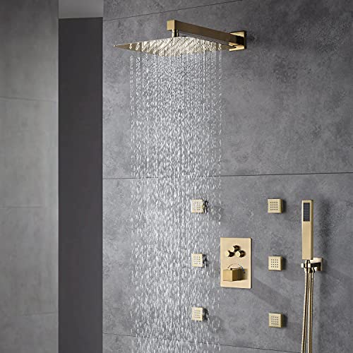 Brushed Gold Wall Mounted 12 Inch Rainfall Shower Head 3 Way Thermostatic Shower Faucet With 6 Body Jets Each Function Work All Together And Separately #TOP1