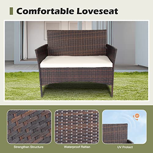 Paiqian 4-Piece Patio Brown Chair With Cushions & Glass Top Square Coffee Table, Outdoor Rattan Furniture Set For Garden Backyard Balcony Poolside #TOP2
