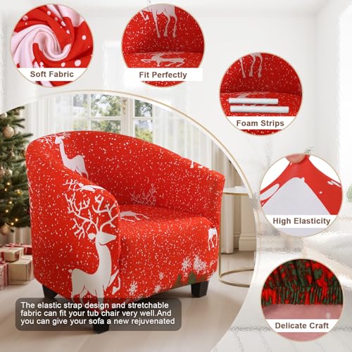 Image of SearchI Christmas Club Chair Slipcover Stretch Barrel Chair Covers Xmas Tub Chair Slipcovers Armchair Cover Removable Couch Furniture Protector Arm Chair Cover for Living Room(Red Christmas Elk)