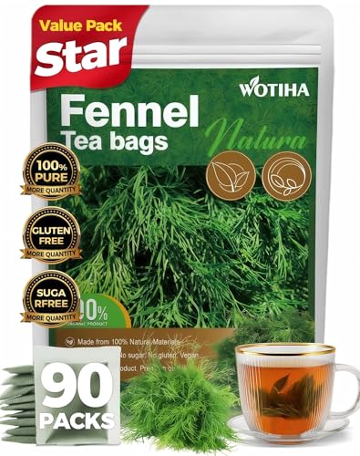 WOTIHA 90 Count Organic Premium Fennel Tea Bags - 100% Natural & Pure Herbal Tea, Supports Digestion & Reduces Bloating, Caffeine-Free, Sugar-Free, Gluten-Free, Vegan.Non-GMO