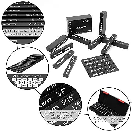Silivn Setup Blocks Height Gauge Set, 15Pcs Precision Aluminum Setup Bars Include Laser Engraved Size Markings And Protective Case For Router And Table Saw Accessories Woodworking Set Up #TOP1