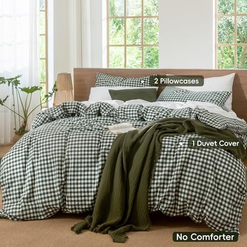 MooMee Gingham Duvet Cover Set 100% Washed Cotton Linen Like Textured Breathable Durable Soft Comfy Modern Checkered Design (Forest Green Gingham, Queen 90"x90") - Thumbnail 5