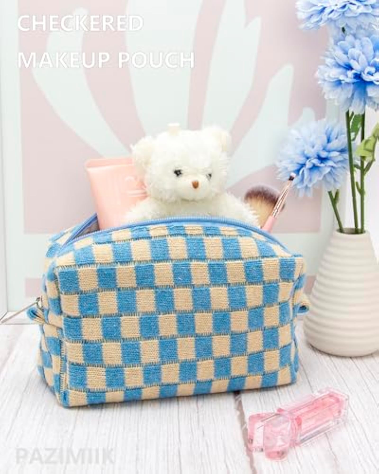 Checkered Makeup Bag, Portable Zipper Pouch