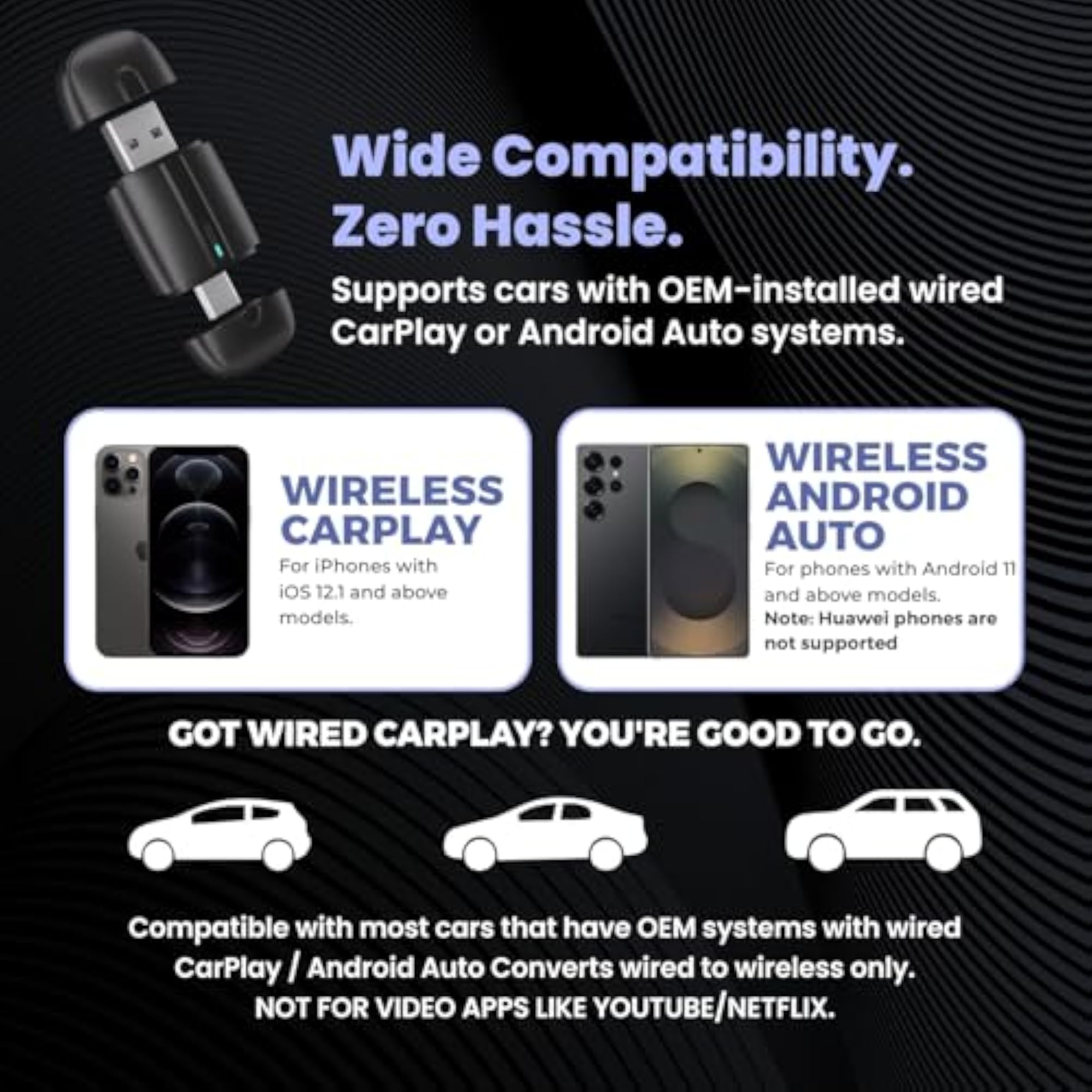 2-in-1 Wireless CarPlay & Android Auto Adapter Converts Wired to Wireless