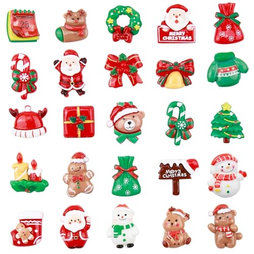25 Piezas Mini Adornos Navideños de Resina, Mini Adornos de Navidad Pequeñas Decoraciones Imanes para Nevera de Navidad Papá Noel Árbol de Navidad Papá Noel Muñeco de Nieve