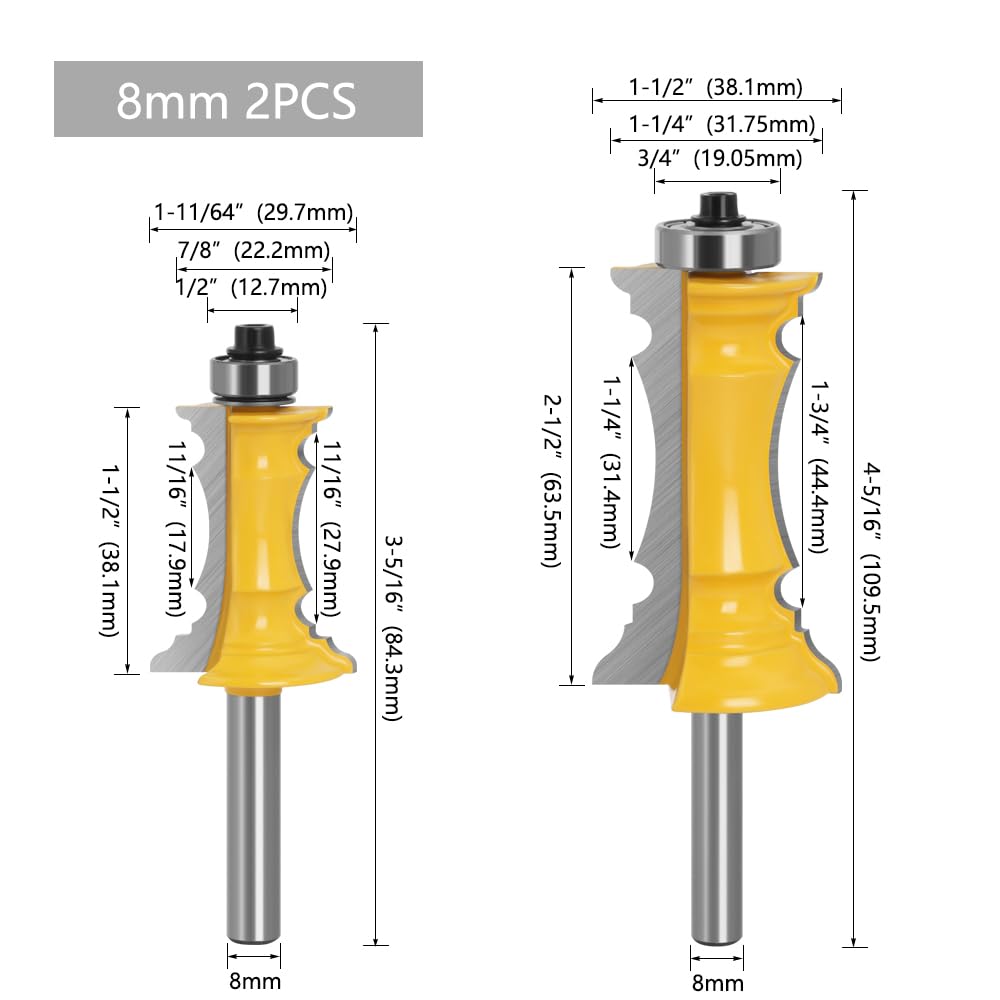 1-2 piezas de 8mm vástago ingleteado puerta cajón moldura Router Bits pasamanos línea espiga fresa for herramientas de carpintería(2pcs Set)