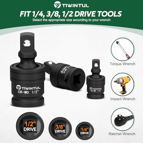 Image of Impact Universal Joint Set for Impact Wrench, 3-Piece 1 /2 inch 3 /8 inch 1 /4 inch Impact Swivel Socket Adapter, Cr-Mo Steel Impact Rated U Joint for Tight Engine Bay & Automotive Repair