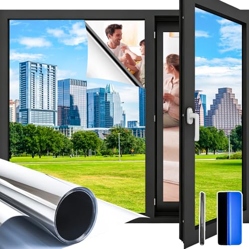 #VerdientProvisionen<br>Fensterfolie Blickdicht von Außen – Spiegelfolie Fenster mit Sonnenschutz Hitzeschutz UV Folie Fenster für Innen Einseitiger Sichtschutz Selbstklebend Silber 44 5 x 200cm