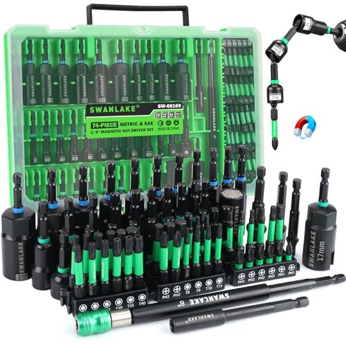 74-Piece Magnetic Nut Driver Set for Impact Drill Metric & SAE, Impact Socket Adapter, Power Bits with Magnetic Holder, Wing Nut Driver, Universal Socket, 1/4'' Quick-change Bit Extension
