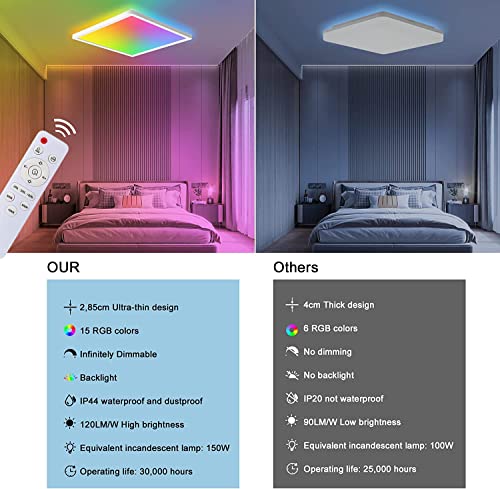 Wrrlight Rgb Ceiling Light With Remote Control, 12 Inch 3000K-6500K Dimmable Led Flush Mount Ceiling Light Fixture, Square Color Changing Hardwired Lamp For Bedroom Living Room Kid Room Party #TOP5