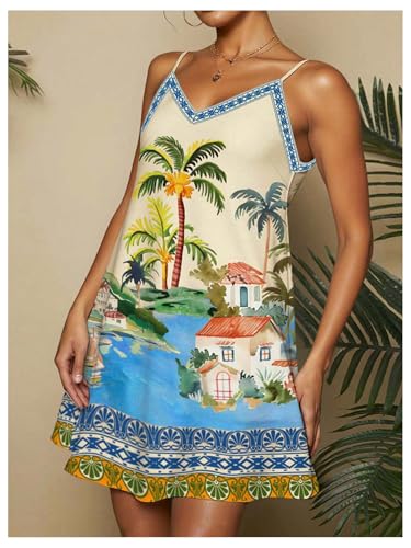Image of RoseSeek Women's Summer Boho Floral Tropical Mini Dresses V Neck Spaghetti Strap Flowy Beach Vacation Sundress 2026