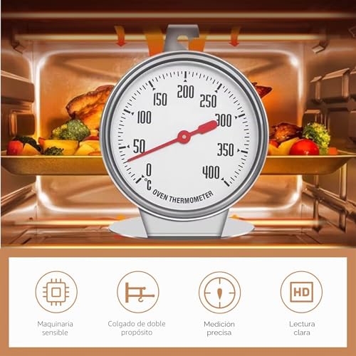 Miniatura 3 de Termómetro Para Horno En Acero Inoxidable Con Dial Grande - Rango 0-400 C, Ideal Para Hornear, Cocinar Y Barbacoa - Compatible Con Hornos Eléctricos, De Gas Y De Leña