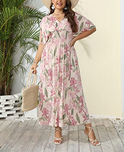 Image of OSTOO Women's Plus Size Hawaii Empire Waist Bat Short Sleeve Casual Floral Print Boho Maxi Dress