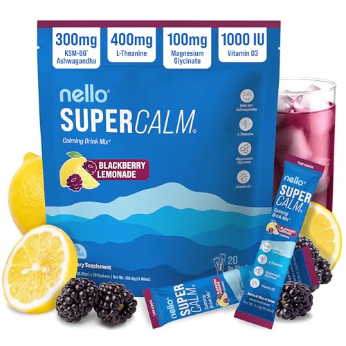 Image of Nello Supercalm Powdered Drink Mix, Cortisol Reducer*, Sleep Aid Supplement, L Theanine, Ksm-66 Ashwagandha, Magnesium Glycinate, Vitamin D 3, No Sugar, Non GMO, 20 Ct, BlackBerry Lemonade