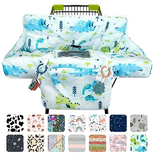 Image of Polovillae Green Shopping Cart Cover for Baby 2-in-1 High Chair Cover with Safety Harness Multifunctional Dinosaur Pattern Cart Covers for Babies Soft Padded Grocery Cart Cover for Baby Boy Girl