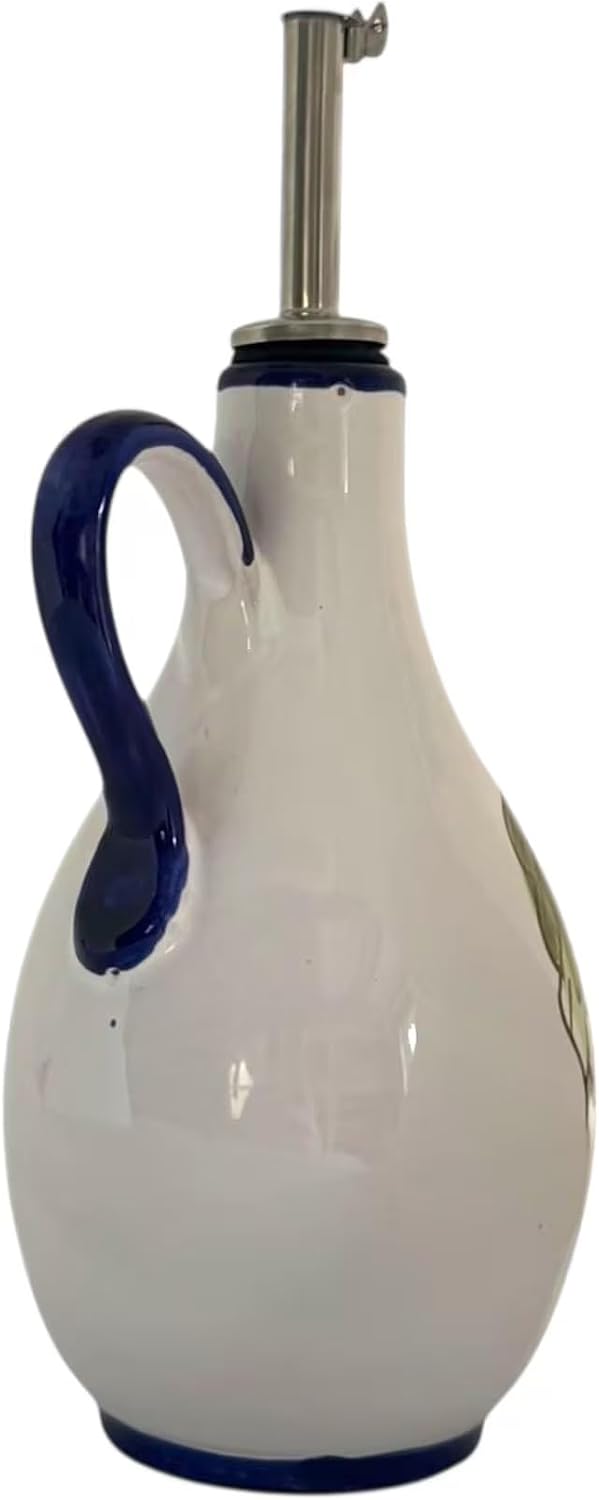 Italian Ceramic Olive Oil Bottle, Hand Painted Lemon & Pomegranate Design, 8.5 oz Oil & Vinegar Dispenser with Blue Rim, Made in Italy, Mediterranean Kitchen Decor Cruet with Pour Spout