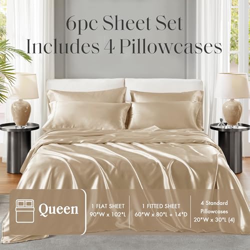 Image of Madison Park Essentials Satin Sheets Queen Size Bed Set, 6 Piece, Champagne