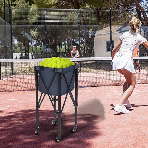 Lineslife Portable Tennis Balls Hopper Holds 180 Balls, Foldable Tennis Ball Basket Wheeled Teaching Carts, Lightweight Tennis Ball Carrier with Wheels, Premium Carry Bag Included, Blue