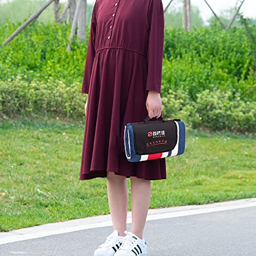 Suncojia Picnic Blankets Foldable Outdoor Blanket Portable Extra Large Thick 3-Layers, Waterproof Sandproof, Machine Washable For Beach, Camping, Travel, Grass 79''X 79'' (Blue White Red Stripe) #TOP4