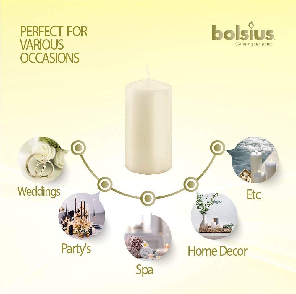 BOLSIUS 4 Count 2x4 Inch Ivory Pillar Candles - 20 Hours Burn Time - Premium European Quality - Unscented Dripless And Smokeless Wedding, Party, Dinner, Restaurant, And Special Occasion Candle Set