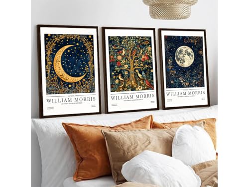 Image of William Morris Set of 3 Print, Tree of Life Moon Picture, William Morris Exhibition Poster, Elegant Living Room Decor, Ready To Hang Picture, Framed Art Print (A4 - Set of 3 PRINT (Unframed))