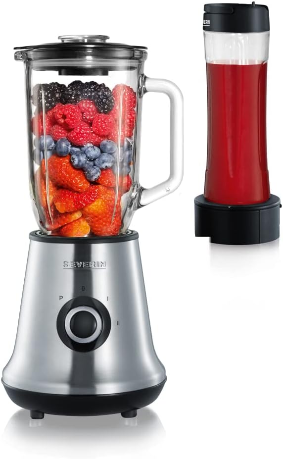 SEVERIN Multi-Blender with Smoothie Mix & Go, Includes: 1L Mixing Container and 600ml Drink Container with Lid, Approx. 500 W, SM 3737, Stainless Steel/Black