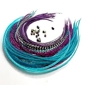 Feather Hair Extensions, 100% Real Rooster Feathers, Long Violet, Purple, Blue Colors, 20 Feathers with 20 Beads and Loop Tool Kit by Sexy Sparkles