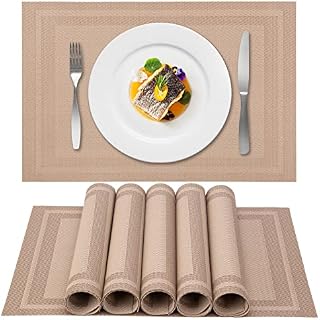 VINILITE PVC Woven Placemat Sets of 6, Washable Heat Resistant Non-Slip Table Placemats for Kitchen Restaurant Dinner Home Decor, Gift Package, Rectangle Stripe Side, 45 x 30cm, Brown