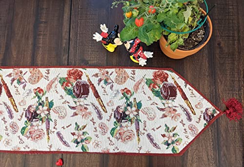 Dadalogy Sweet Love Notes With Quil Floral Tapestry Table Runner - Romantic Roses Blossom Spring Garden Red Pink - Cute Dainty Elegant Decorative Linen Woven Dining Mats - 13" X 54" (18273) #TOP5