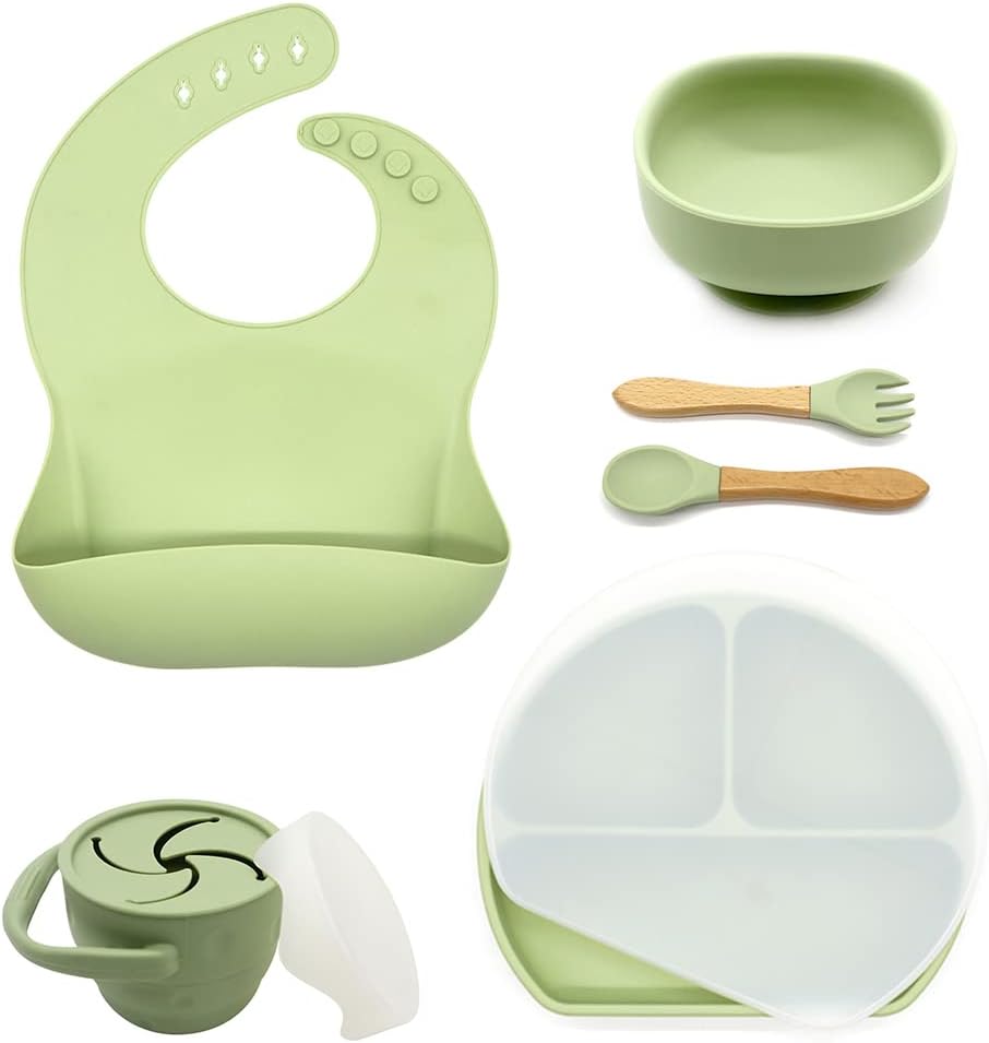Baby Bundlez - Silicone Feeding Set for Babies and Toddlers: 3-Grid Plate, Bowl with Suction Bottom, Snack Cup, Bib, Utensils (Green)