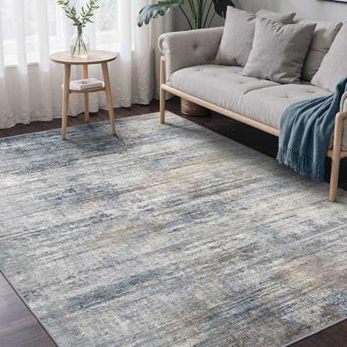 Image of BEIMO Area Rugs 8x10 for Living Room Bedroom, Modern Abstract Machine Washable Rug, Large Soft Low Pile Floor Carpet with Non Slip Backing for Dining Room, Denim Blue /Taupe