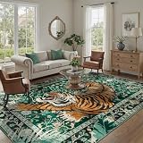 DCX Washable 8x10 Tiger Area Rug, Green Vintage Animal Rug for Living Room, Soft Low Pile Carpet, Kid & Pet Friendly with Rubber Back Non Slip, Stain Resistant Rug for Bedroom Dining Room Office