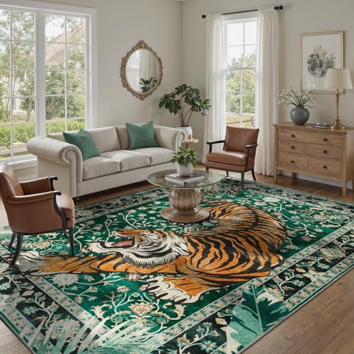 DCX Washable 5x7 Tiger Area Rug, Green Vintage Animal Rug for Living Room, Soft Low Pile Carpet, Kid & Pet Friendly with Rubber Back Non Slip, Tiger R